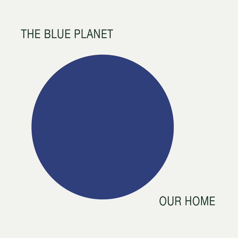 Minimal graphic with a blue circle representing Earth and text referring to the planet as our home.